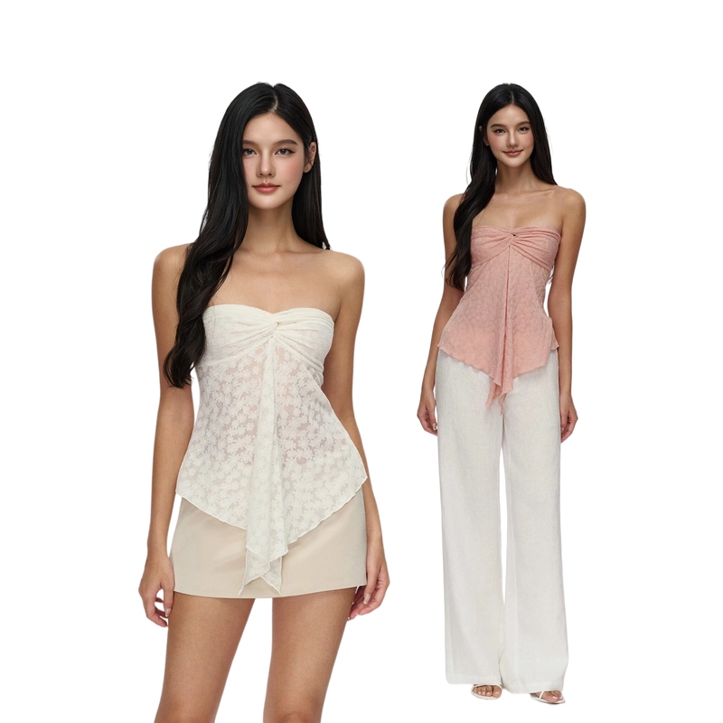 In Stock Jim Kenneth Off-The-Shoulder White Pure and Alluring Lace Twist Irregular Tube Top Vest for Women