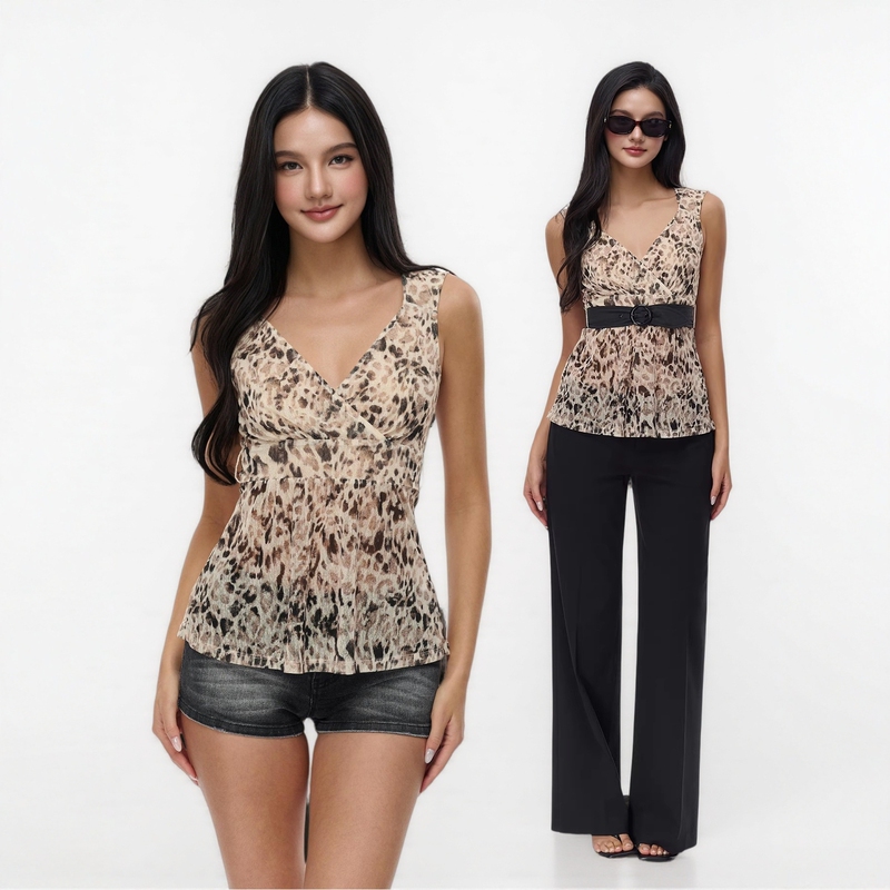 In Stock Jim Kenneth Retro Leopard Print Sleeveless Tank Top with V-Neck, Slim Fit, Sexy, Adjustable Waist Belt Top