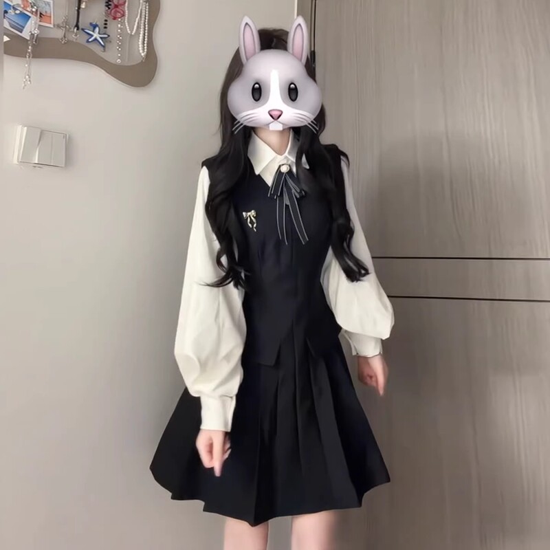 2026 New Korean Style Preppy Shirt Dress for Women, Early Spring White Shirt and Black Short Skirt Two-Piece Set