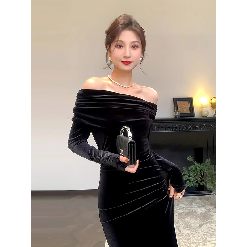 フランスの高級誕生日パーティーイブニングドレス、淑女のような気質、女性用の黒のワンショルダーゴールドベルベットドレス、秋と冬