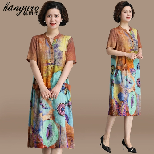 Платье для матери, летняя летняя одежда, юбка, в западном стиле, для среднего возраста, большой размер, из хлопка и льна