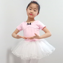 Girls long short sleeve dance dress pure cotton body practice for summer young children to perform ballet dancer fluffy dress