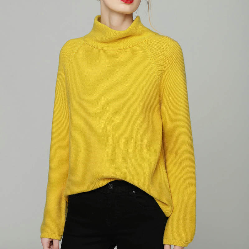 New Autumn and Winter Cashmere Sweater for Women, Loose High-Neck Thick Pure Cashmere Pullover, Fashionable Yellow Fashion Turtleneck