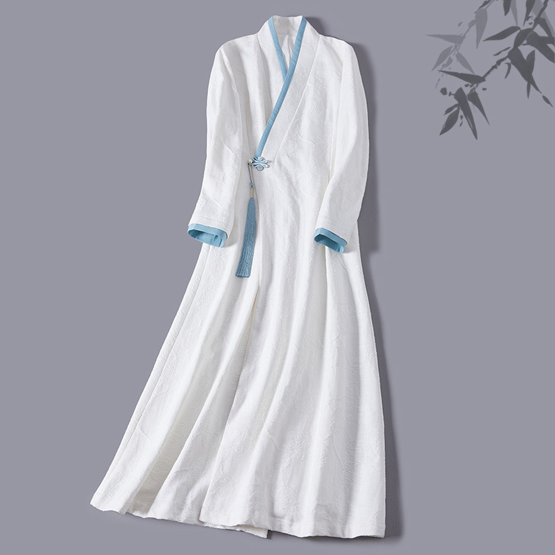 Chinese Style Autumn and Winter New Improved Hanfu Cross-Collar Embroidered Long-Sleeved Zen Tea Clothing with a Mid-Length Cotton and Linen Jacket