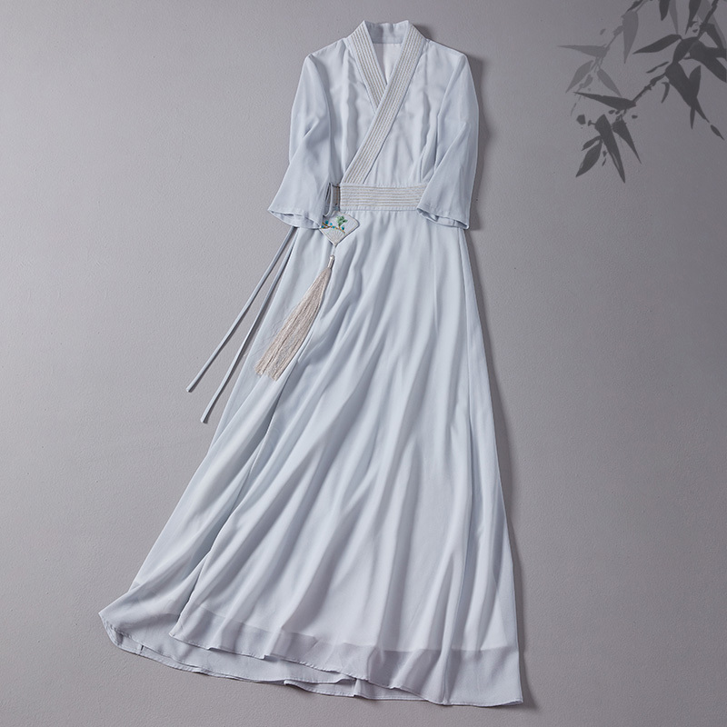 Spring and Summer New Chinese-Style Women's Clothing, Retro Han Elements, Cross-Collar Zen Long Dress, Improved Hanfu Dress, Tea Dress, Ethereal Style