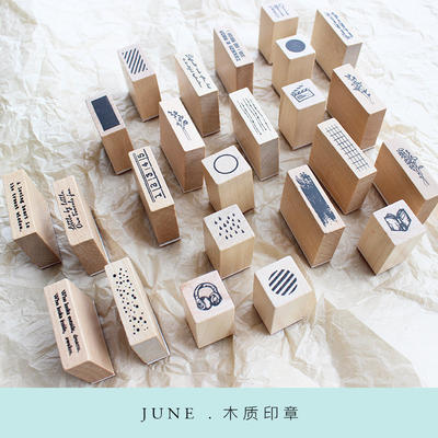 moodtape. Small wooden rubber leather seal, round grid square, cute English mood retro planner seal