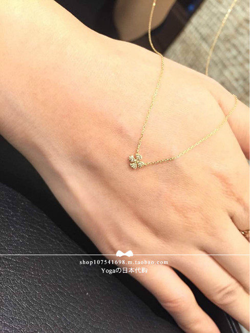 Japan Direct Mail Live Agete 18k Gold Lucky Four-leaf Grass Diamond Hand-made Necklace