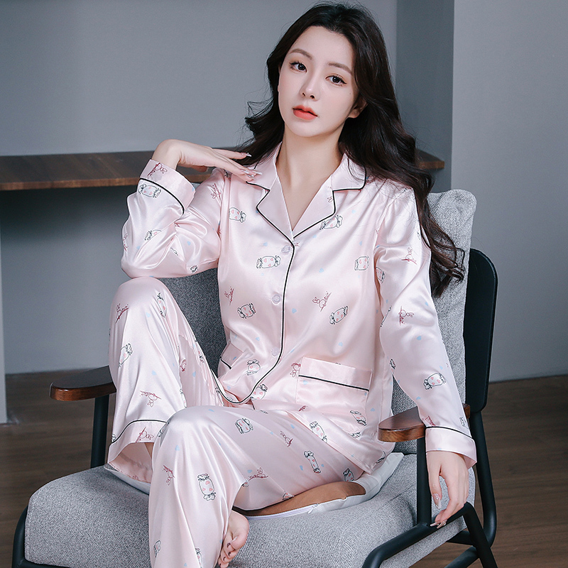 Ice Silk Pajamas for Women, New Autumn and Summer Long-Sleeved Long Pants, Cute Print, Sexy Silk Two-Piece Home Wear Set