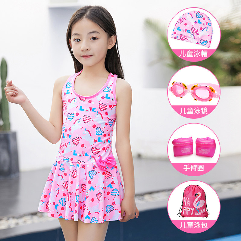 Children's swimsuit Girls summer Big child One-piece skirt girl student seaside swimming suit Cute princess swimsuit