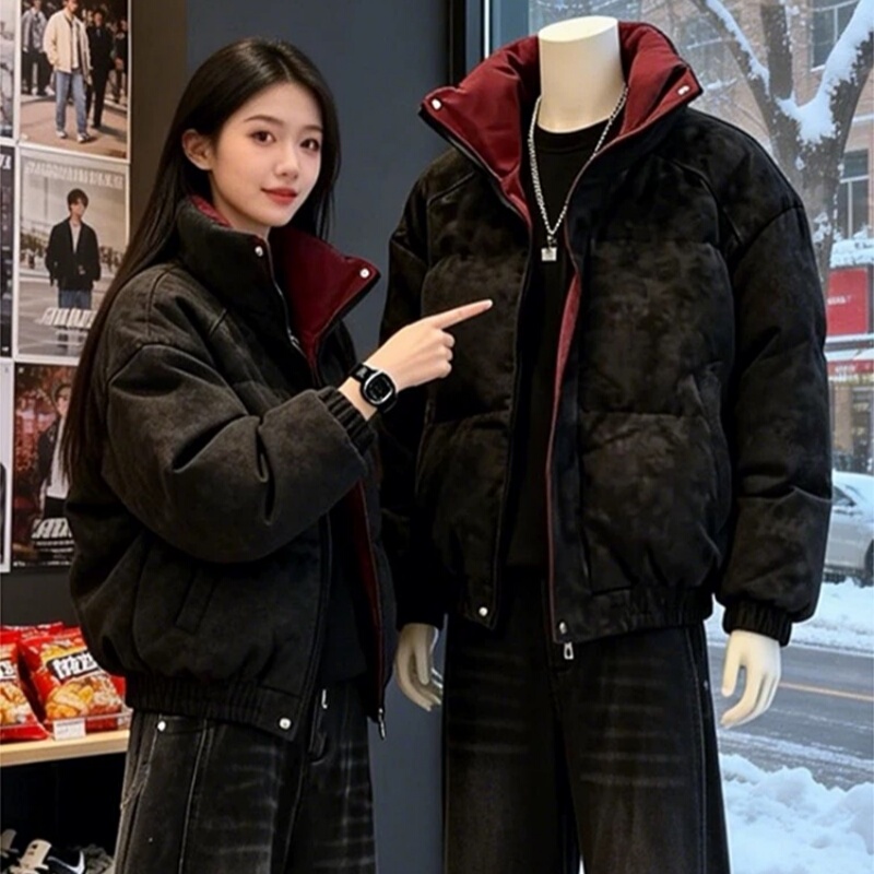 Black and Red Contrasting Pu Leather down Jacket for Men and Women, Winter High-End American-Style Tie-Dye Cool and Stylish, No-Wash, Three-Proof Cotton Jacket