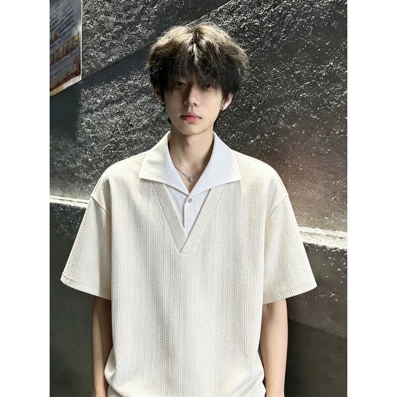 Fake Two-Piece Wheat Pattern Short-Sleeve Polo Shirt for Men, Summer Trendy Brand, Youthful American High Street Style, Cool Half-Sleeve T-Shirt