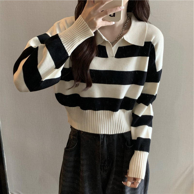 Autumn and Winter Striped Long-Sleeved Knit Top, French Style, Short, Waist-Cinching, Slim-Fit, Slimming Sweater for Women