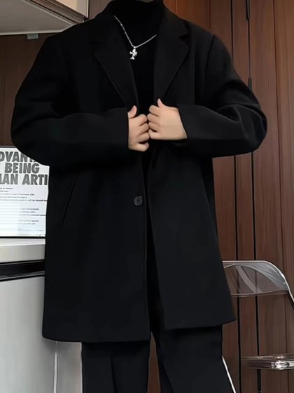 毛呢大衣男士秋冬加厚西装领百搭妮子外套潮流情侣中长款休闲风衣