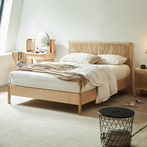 Wabi-sabi style solid wood double bed home Nordic rattan 1 8-meter large bed retro B&B hotel single bed Japanese style
