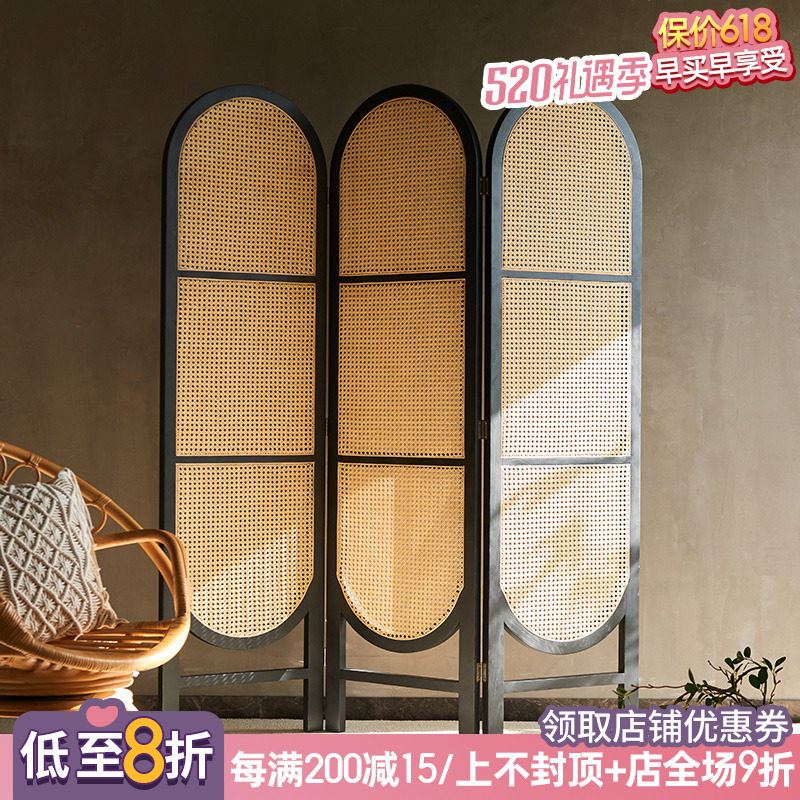 Nordic Rattan Woven Screen Handmade Folding Partitions Modern Solid Wood Real Vine Genguan Living-room Bedroom Mobile Folding Screen Brief