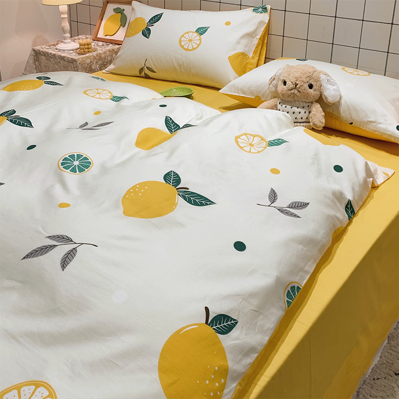 ins wind small fresh lemon full cotton bed four pieces of pure cotton Nordic three-style bed set white minima quilt cover 4