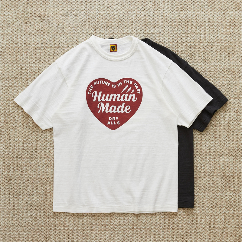 Human Madeachu24Awt-Shirt Japanese-Made Slub Cotton Casual Short-Sleeve T-Shirt with Cursive Heart Lettering