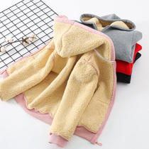 Children plus velvet zipper jacket autumn and winter thickened cotton boys and women lamb velvet hooded foreign atmosphere