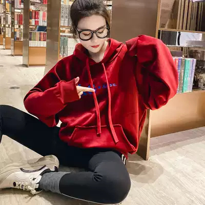 Double-sided gold velvet sweater women plus velvet thickening letter embroidery loose long-sleeved hooded top jacket lazy trend