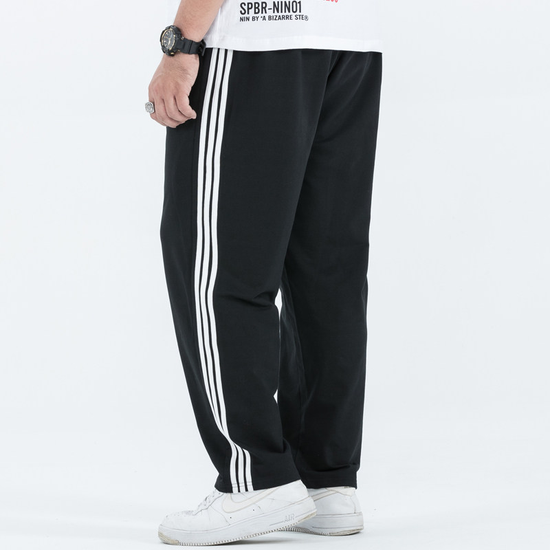 Plus Fattening Yard Fattening Guy High Waist Elastic Waist Belt Three Bars Loose Straight Barrel Long Pants Men Big Size Casual Sports Pants