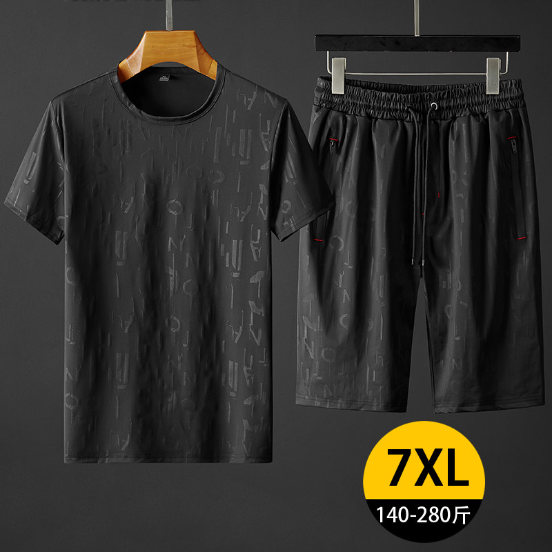 Large size sports T-shirt male fat fat plus fat plus loose casual short-sleeved shorts Two-piece suit Fat guy half-sleeve shirt