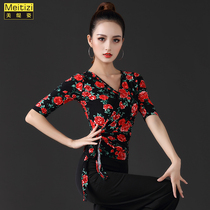 Latin dance practice clothes womens new mid-sleeve ballroom dance V-neck modern top adult national standard dance clothes printing