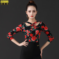 Latin dance practice clothes womens new mid-short-sleeved ballroom dance modern top adult national standard printed dance clothes summer