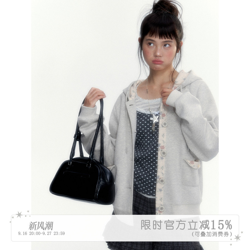 Hollyde Map 2026 Autumn New Korean Style Retro Floral Casual Versatile Drawstring Hooded Cardigan Sweatshirt Hollyde Map 2026 Autumn New Korean Style Retro Floral Casual Versatile Drawstring Hooded Cardigan Sweatshirt