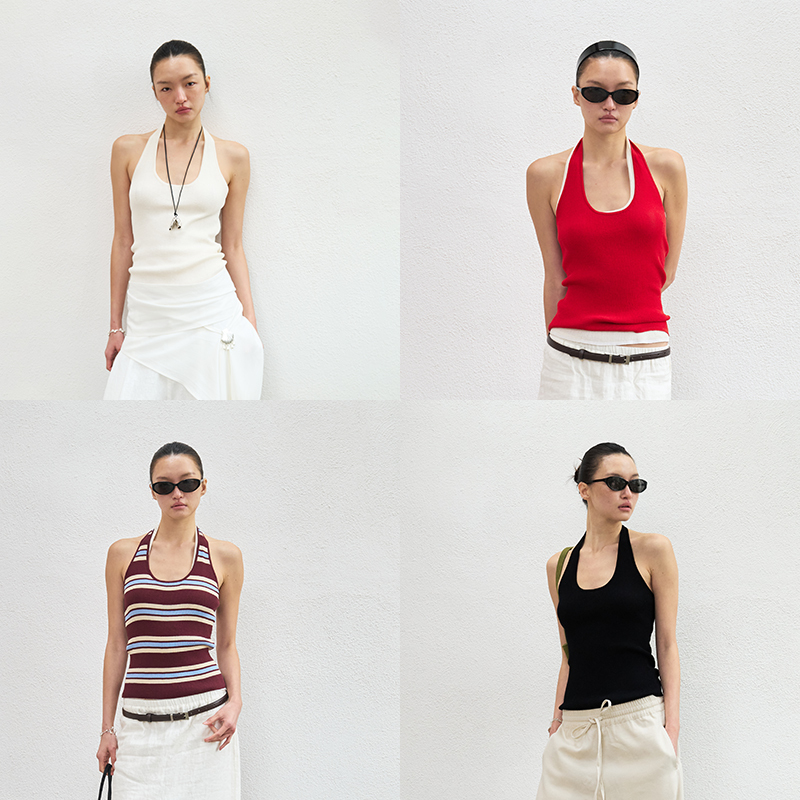 Slo "Summer Formula" Dry Cotton Brocade Halter Neck Tank Top U-Neck Simple Design Covers Side Breasts Natural Narrow Edge Outerwear Tank Top