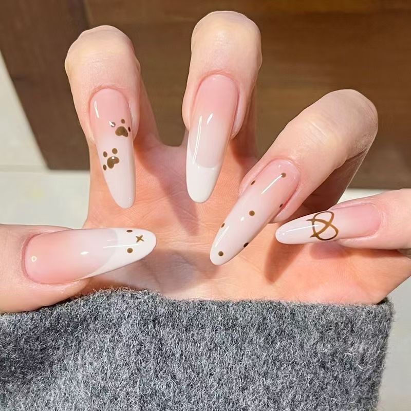 Popular Long Almond-Shaped Nude Pink Gradient Polka Dot Nail Tips, Pure Sweet and Cool Style Pre-Made Fake Nails