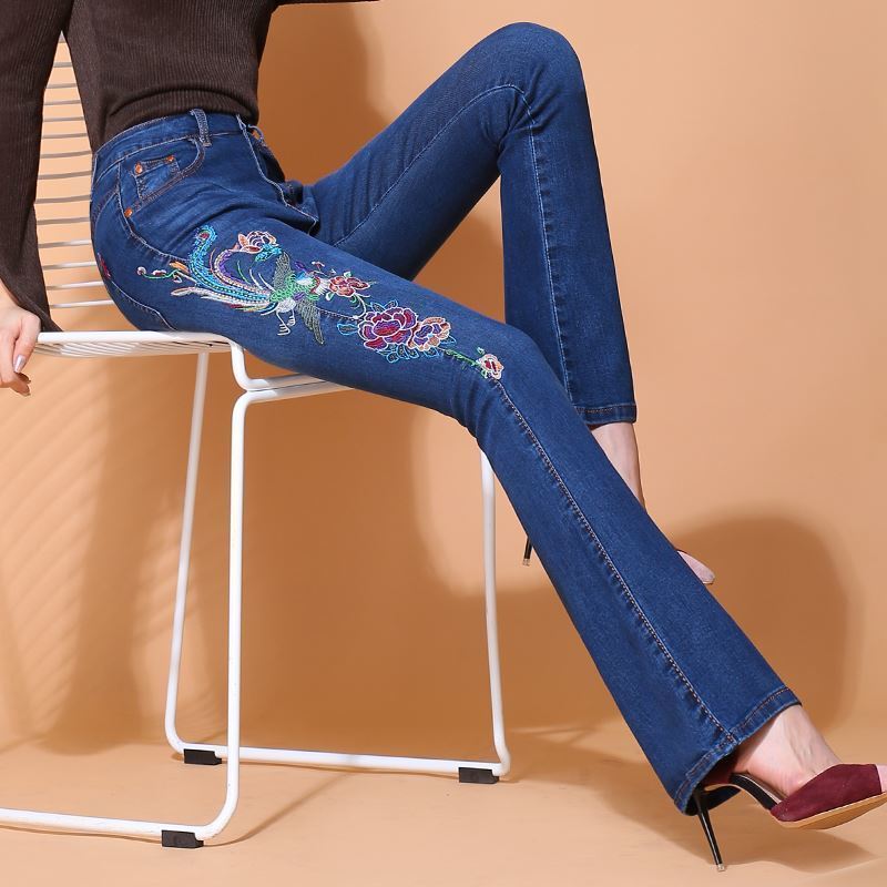 Embroidered Flared Jeans for Women, New Spring and Autumn High-Waisted Long Pants, Slim Fit, Wide-Leg Ethnic Style Embroidered Bell-Bottom Pants