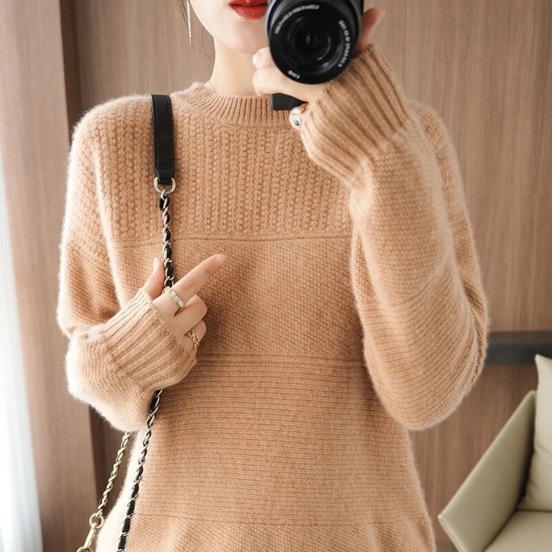 DonLevia ~ new autumn winter pure wool thickened female sweater long sleeve round collar pure colour jacquard hide and hide meat