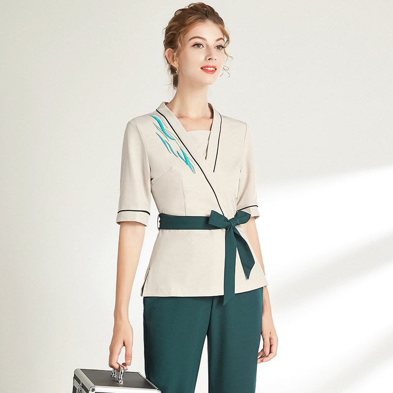 Tang Yue 2022 Spring Summer New Foot Bath Technician Work Convalescence Birth Sauna Massage Embroidered Suit Middle Sleeve Woman