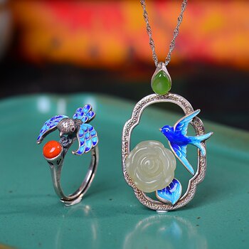 S925 silver plated 18k gold inlaid with hetian white jade flowers hanfu accessories retro suit pendant necklace ring set