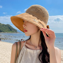 2022 spring and autumn hat womens Korean version all-match embroidery bow sunscreen sun hat summer mesh breathable sun hat