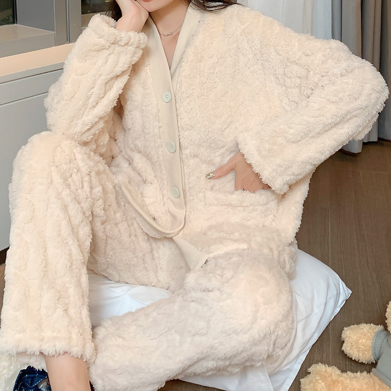 Pajamas spring and autumn women's long-sleeved velvet thick coral fleece autumn and winter cute flannel winter homewear suit