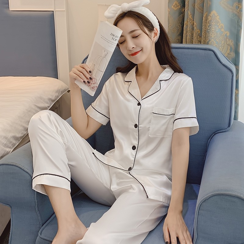 Sleepwear Women's Summer Ice Silk Thin short sleeves Long pants Korean version 2022 New spring and autumn models Home Suits Summer Suits