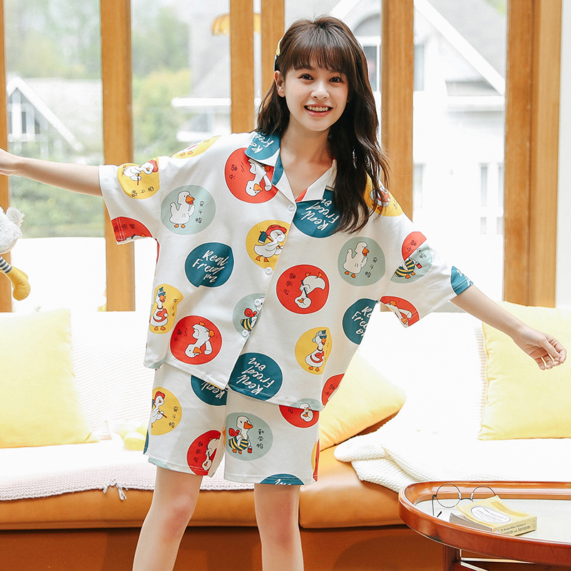 Mùa hè đồ ngủ ngắn tay womens bông Hàn Quốc phiên bản của sinh viên ngọt ngào dễ thương loose cotton mỏng giản dị quần áo nhà mùa hè