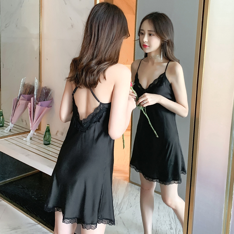 2022 New Harnesses Sleeping Dress Lace Sexy Ice Silk Sleepwear Women's Summer Pure Desire with Chest Cushion Thin-Home Clothing