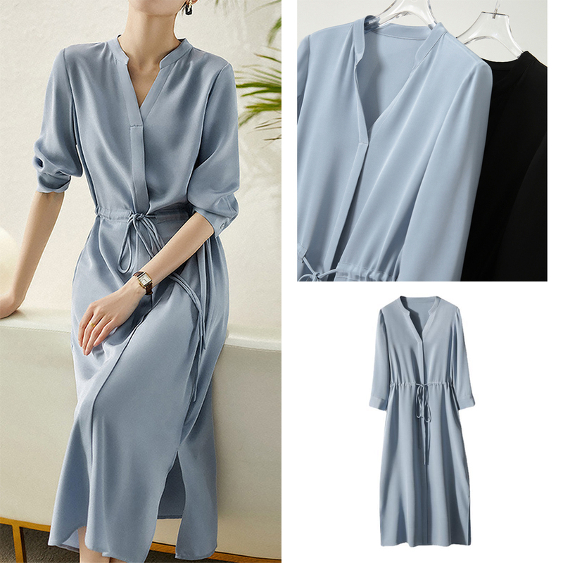 The Texture Is Great! Elegant Mid-Length Heavy Silk Shirt Dress, Summer Silk Blue Long Dress