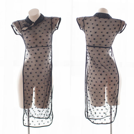 七了个三 网纱工口透视旗袍情趣内衣星星刺绣网纱黑色性感长裙-tmall.com天猫