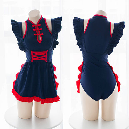 七了个三 中国风泳衣显瘦保守连体可爱荷叶边围裙学生少女泳衣-tmall.com天猫