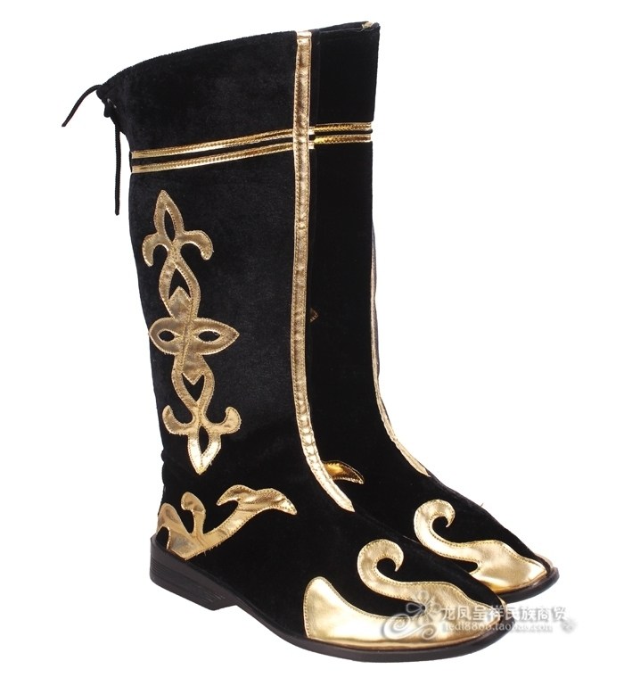 Men's Mongolian dance performance boots, dancing shoes, lace-up black gold flower high-top dance boots, Tibetan dance boots for men