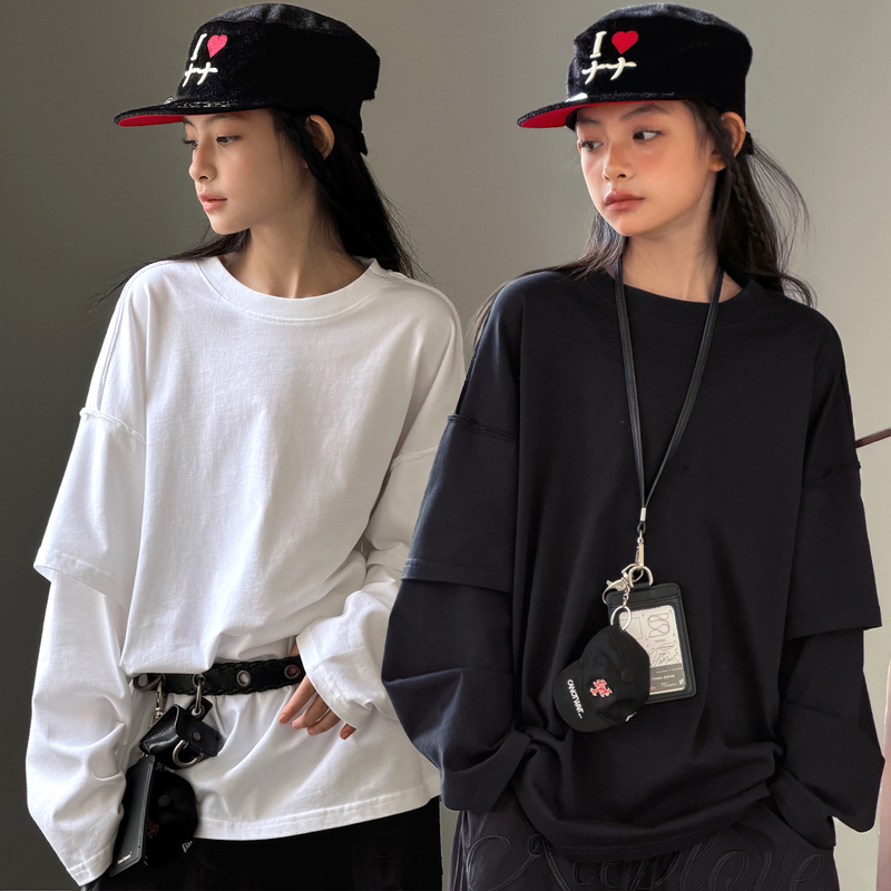 Auntie Leng's Autumn and Winter Pure Cotton Long-Sleeve Fake Two-Piece T-Shirt for Older Children, Versatile Loose-Fitting Street Dance Performance Top, Parent-Child Style