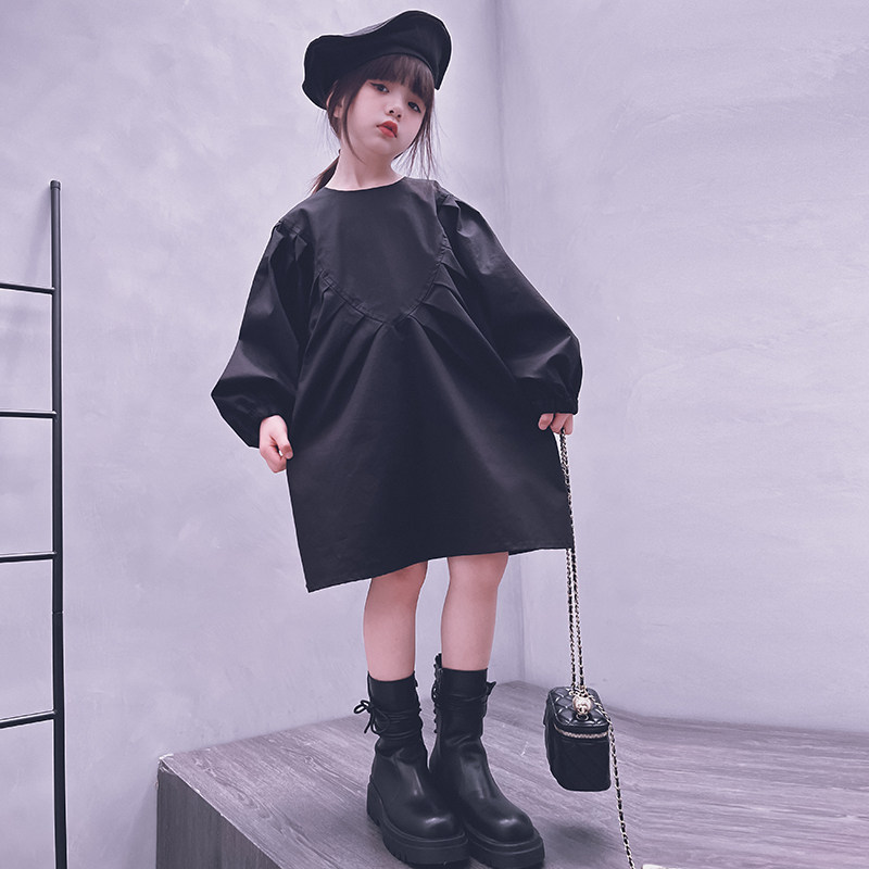 Cold Grand Lady Custom Spring Summer Girls Baby Hepburn Elegant Ocean Dress Students Loose Little Black Dress Parent-child