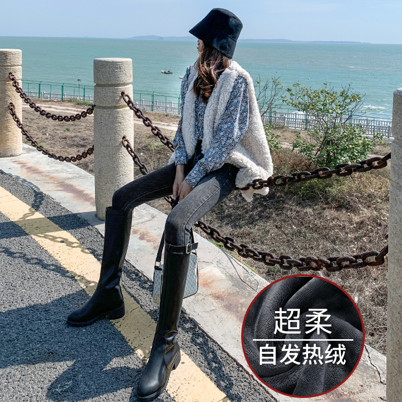 Velvet high-waisted jeans women's gray black 2021 spring dress thin and high tight small feet pencil slim pants women