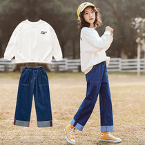  Girls  spring suit 2021 new Western style fashionable middle and large childrens net red casual denim two-piece spring and autumn 12-year-old