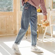  Girls denim blue spring and autumn 2021 new Korean version of the western style middle and large children loose Harun dad long pants wear fat outside