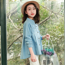  Girls  shirts spring and autumn 2021 new Western style middle and large children loose denim long-sleeved shirt tops thin 12-year-old tide