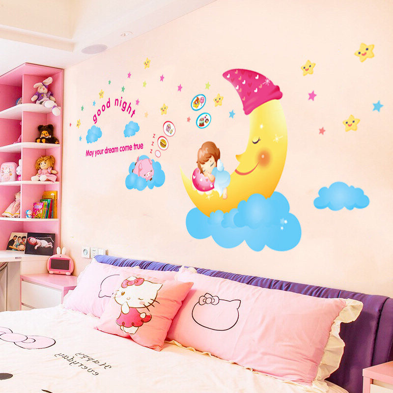 Cartoon Moon Wall Painting Girl Bedroom Decoration Children's Room Stickers Self - sticker Wall Paper